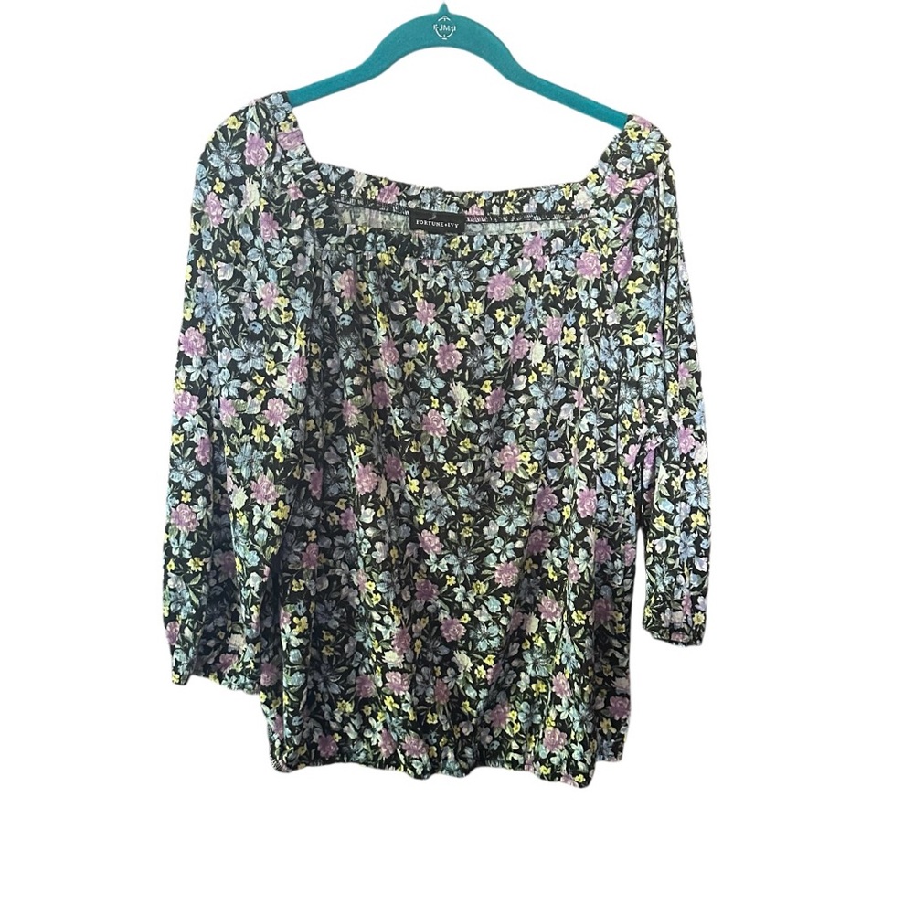 Fortune + Ivy‎ Zuri Square Neck Knit Top Black Floral Print Large NWT